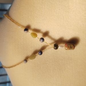 Unakite natural stone pendant with lapis beads and glass bead necklace